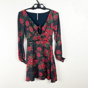 FREE PEOPLE Morning Light Black Floral Polka Dot V-Neck Long Sleeves Dress 2